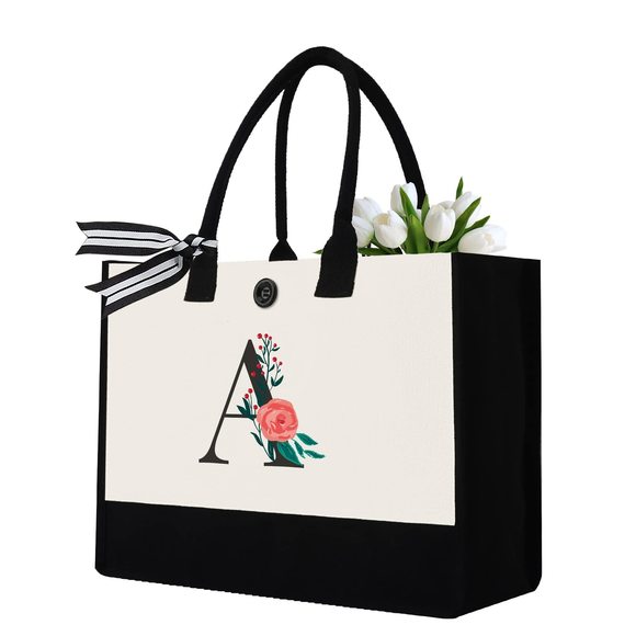 Initial Canvas Tote Bag, Personalized Birthday Gifts Mom Friends :o) - Picture 1 of 8